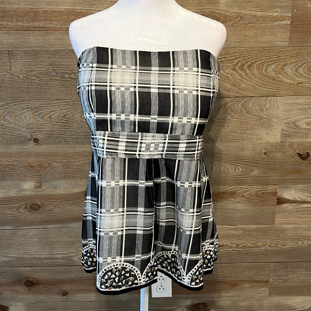 White House Black Market black plaid strapless halter top with metal detail. 14